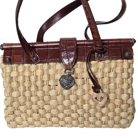 Brighton Woven Straw Satchel Womens Purse Leather Trim Ruth Style Heart Charm - Picture 2 of 12
